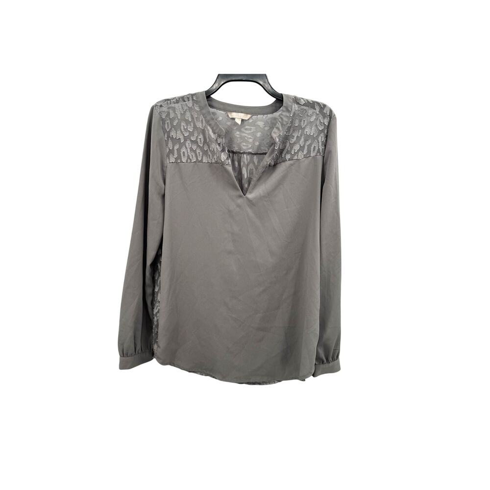 Banana Republic Blouse Medium Taupe Gray Sheer Shoulder Leopard Print Detail